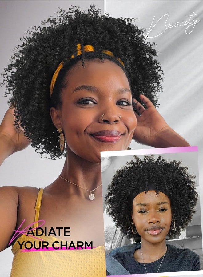 WIGER Short Afro Bouncy Curly Headband Wig Kinky Curly Wigs with Headbands Black Attached Afro Curly Headband Wigs Synthetic Afro Wigs(1B#) - Image 4